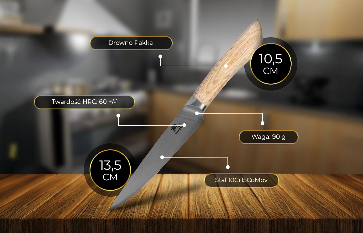Nóż do krojenia małych i średnich produktów Shiori 撓  Shinogi Murō ze stali 10CR15MoV - specyfikacja techniczna