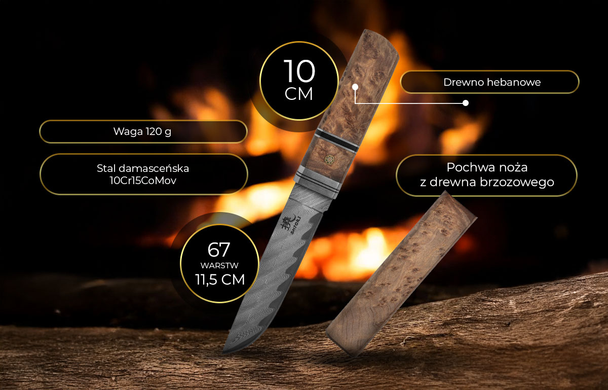 Nóż myśliwski ze stali damasceńskiej Shiori Hara z drewnianą pochwą - specyfikacja techniczna