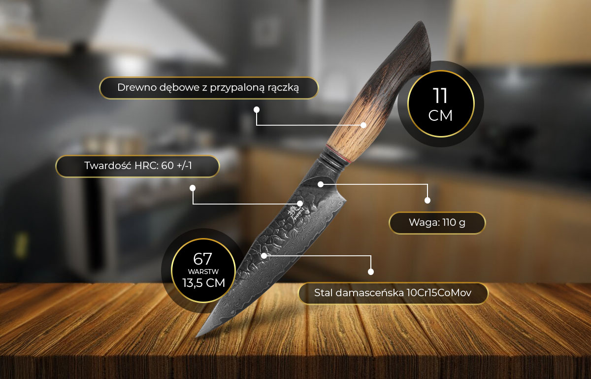Nóż do krojenia małych i średnich produktów Shiori 撓 Homura Murō ze stali damasceńskiej, rekojeść z drewna dębowego z przypaloną rączką - specyfikacja
