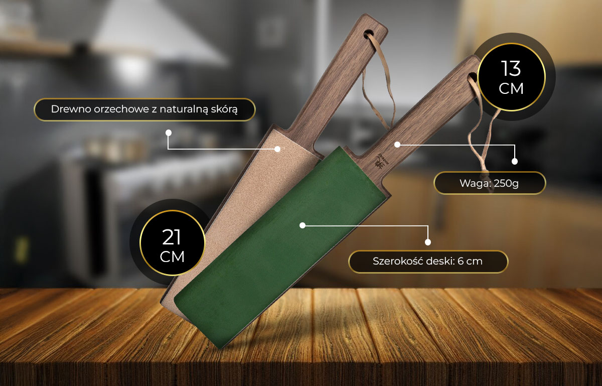 Shiori profesjonalna deska ze skóry do polerowania noży - wizualizacja parametrów technicznych i materiałów