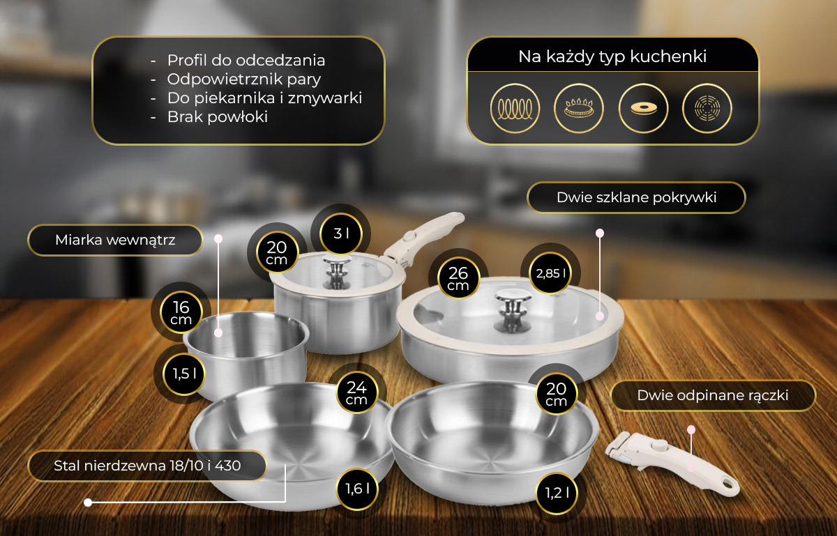 Shiori Velinna zestaw garnków i patelni 9 elementów na indukcję ze stali nierdzewnej