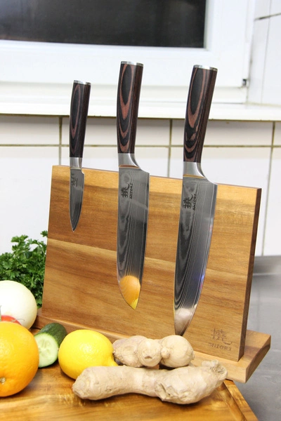 Shiori 3-Set 撓 Chairo Shōto + Santoku + Sifu - zestaw trzech noży ze stali damasceńskiej