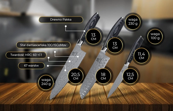 Shiori 3-Set 撓 Kuro Murō + Santoku + Sifu - zestaw trzech noży ze stali damasceńskiej