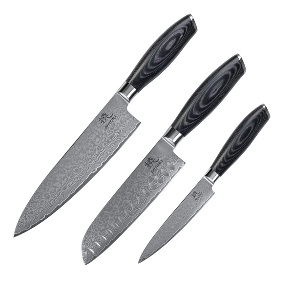 Shiori 3-Set 撓 Kuro Murō + Santoku + Sifu - zestaw trzech noży ze stali damasceńskiej