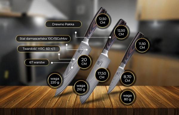 Shiori 3-Set 撓 Chairo Shōto + Santoku + Sifu - zestaw trzech noży ze stali damasceńskiej