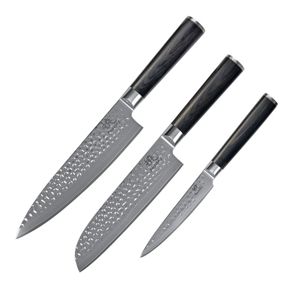 Shiori 3-Set 撓 Kuri Murō + Santoku + Sifu - zestaw trzech noży ze stali damasceńskiej